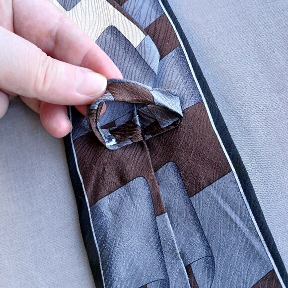 Vintage Y2K Silk Neck Tie geometric grey ribbon brown cream black wood texture - Picture 6 of 14